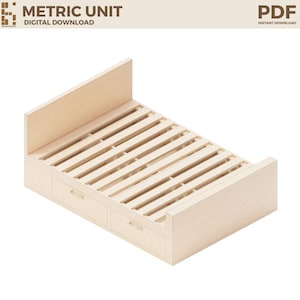 May include: A light-colored wooden bed frame with a headboard, footboard, and two drawers. The bed frame has a slatted base. The image includes the text "METRIC UNIT DIGITAL DOWNLOAD" and "PDF INSTANT DOWNLOAD".