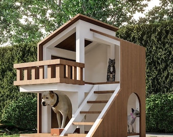 Dog House - Modern House plan - 2 Floors w/ ramp Covered Top | DIY dog house | Pet house blueprint | Diy Craft | Instant download Dog house