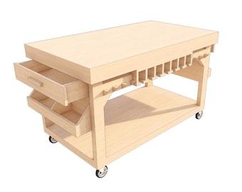 May include: A light wood rolling workbench with a drawer, shelves, and a top shelf with slots for tools. The workbench has four wheels.
