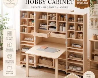 May include: A light wood DIY craft hobby cabinet with multiple shelves, drawers, and a fold-out workspace. The cabinet is filled with craft supplies and features the text "DIY CRAFT HOBBY CABINET" and "IMPERIAL UNITS".