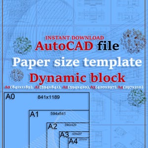 Peut inclure: Une illustration numérique bleue et blanche de différentes tailles de papier, y compris A0, A1, A2, A3 et A4. L'illustration montre les dimensions de chaque taille de papier en millimètres. Le texte "INSTANT DOWNLOAD AutoCAD file Paper size template Dynamic block" est en haut de l'image.