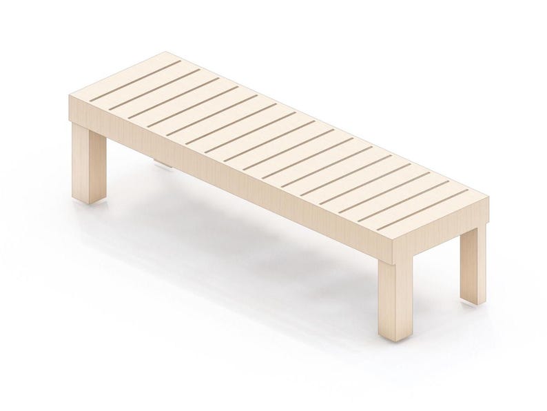 Puede incluir: Banco de madera de color claro con asiento de listones y cuatro patas cuadradas. El banco es de madera clara y est&aacute; sobre un fondo blanco. El banco mide aproximadamente 152 cm de largo.