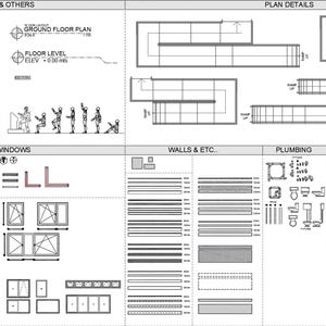 Puede incluir: Un plano arquitect&oacute;nico en blanco y negro con s&iacute;mbolos e iconos para puertas, ventanas, paredes, fontaner&iacute;a y paisajismo. El plano incluye etiquetas de texto como "Plano de planta baja", "Nivel del suelo", "Puertas y ventanas", "Paredes y etc.", "Fontaner&iacute;a" y "&Aacute;rboles/Paisajismo".