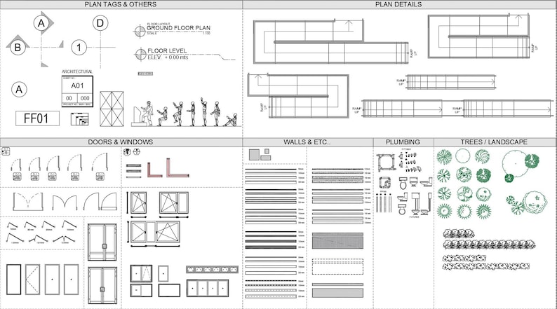 Puede incluir: Un plano arquitect&oacute;nico en blanco y negro con s&iacute;mbolos e iconos para puertas, ventanas, paredes, fontaner&iacute;a y paisajismo. El plano incluye etiquetas de texto como "Plano de planta baja", "Nivel del suelo", "Puertas y ventanas", "Paredes y etc.", "Fontaner&iacute;a" y "&Aacute;rboles/Paisajismo".