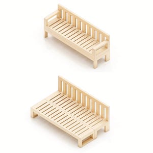 May include: A wooden bench with a slatted design. The bench is shown in two positions, one with the back upright and the other with the back folded down to create a flat surface.