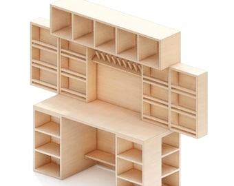 May include: A light-colored wooden desk with multiple shelves and cubbies. The desk has a large work surface, open shelving on the sides, and a central area with a hanging rod. The design is modern and minimalist.
