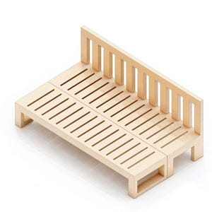 Op de afbeelding: Een houten bank met latten, een hoge rugleuning en een eenvoudig ontwerp. De bank is gemaakt van licht hout en heeft een natuurlijke afwerking.