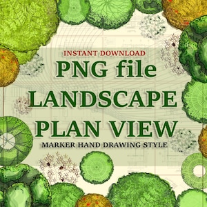 May include: A digital illustration of a landscape plan view with trees drawn in a marker hand drawing style. The image includes the text "INSTANT DOWNLOAD PNG file LANDSCAPE PLAN VIEW MARKER HAND DRAWING STYLE".