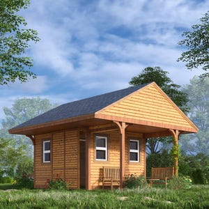 May include: A small, wooden cabin with a dark gray shingled roof. The cabin has a porch with two small benches and two windows. The exterior is made of light brown wood. The cabin is surrounded by green grass and trees.
