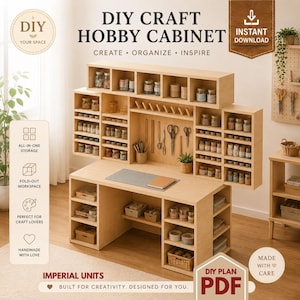 Könnte beinhalten: Ein helles DIY-Bastelschrank mit mehreren Regalen, Schubladen und einem ausklappbaren Arbeitsbereich. Der Schrank bietet Stauraum für Bastelmaterialien, Scheren und Gläser. Der Text auf dem Bild lautet "DIY Craft Hobby Cabinet" und "Instant Download".