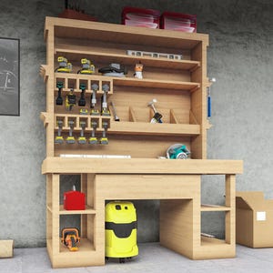 May include: A wooden workbench with shelves and drawers, featuring a variety of tools and equipment, including a power drill, a vacuum cleaner, and a saw. The workbench is against a concrete wall.