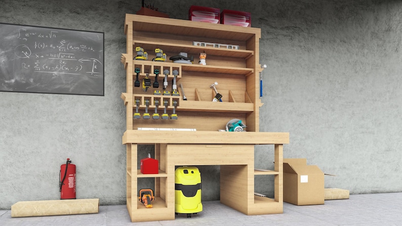 May include: A wooden workbench with shelves and drawers, featuring a variety of tools and equipment, including a power drill, a vacuum cleaner, and a saw. The workbench is against a concrete wall.