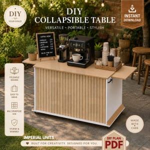 May include: A light wood and white collapsible table with a slatted front panel and wheels. The table surface holds a black espresso machine, a coffee grinder, a menu board, and a basket of cups. Text includes DIY COLLAPSIBLE TABLE.