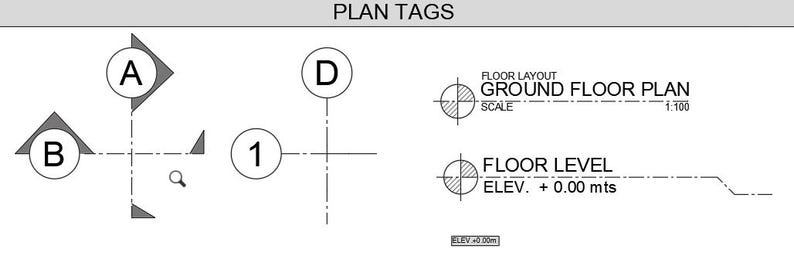 Puede incluir: Un plano arquitect&oacute;nico en blanco y negro con las etiquetas A, B, 1, D y el texto "FLOOR LAYOUT GROUND FLOOR PLAN SCALE 1:100 FLOOR LEVEL ELEV. + 0.00 m ELEV +000"