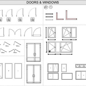 Puede incluir: Un dibujo en blanco y negro de l&iacute;nea que ilustra diferentes estilos de puertas y ventanas. El dibujo incluye varias formas, tama&ntilde;os y configuraciones de puertas y ventanas. El texto "DOORS & WINDOWS" est&aacute; en la parte superior de la imagen.