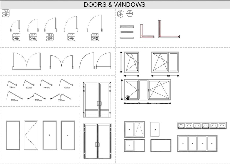 Puede incluir: Un dibujo en blanco y negro de l&iacute;nea que ilustra diferentes estilos de puertas y ventanas. El dibujo incluye varias formas, tama&ntilde;os y configuraciones de puertas y ventanas. El texto "DOORS & WINDOWS" est&aacute; en la parte superior de la imagen.