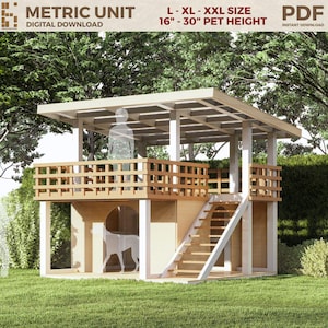 Op de afbeelding: Een hondenhuis met twee verdiepingen, met een licht houten frame, een balkon met lamellen en een trap. Het ontwerp omvat een dak en een silhouet van een hond. Tekst op de afbeelding luidt "METRIC UNIT", "L-XL-XXL SIZE", en "16"-30" PET HEIGHT" (40-76 cm).