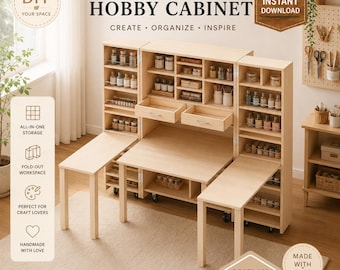 May include: A light wood DIY craft hobby cabinet with multiple shelves, drawers, and fold-out workspaces. The cabinet includes the text "DIY CRAFT HOBBY CABINET" and "DIY PLAN PDF". It is designed for creating, organizing, and inspiring.