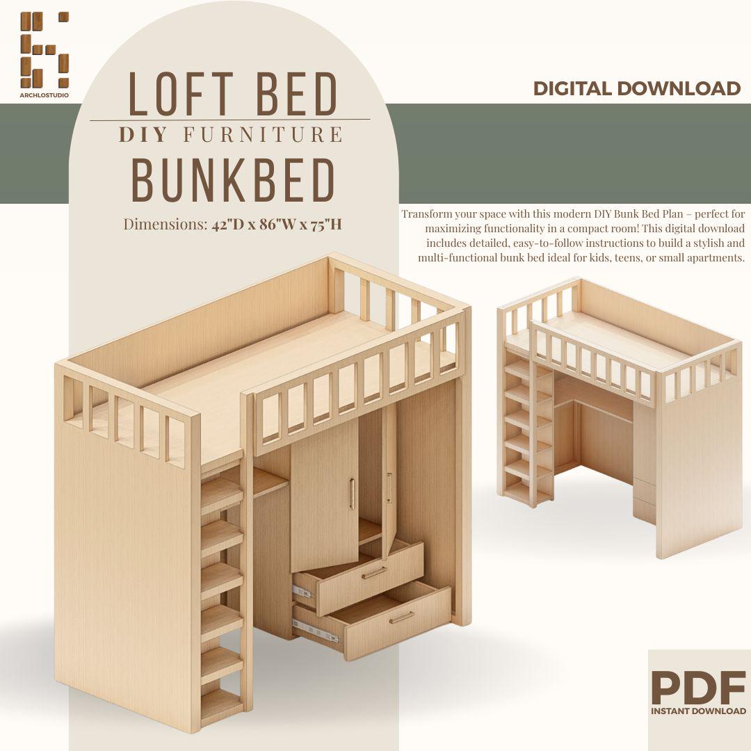 DIY Loft Bed Plan With Desk & Storage Stairs: Digital Woodworking ...