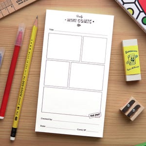 May include: A white printable comic book template with five panels for drawing. The template has a title section, a section for the creator's name and date, and a section for the comic number. The template also includes the text "Daily Mini Comic" and "The End!"