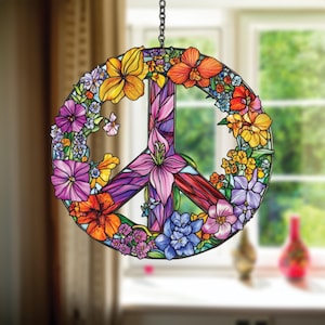 Peace Sign Acrylic Suncatcher Faux Stained Glass Window Hanging with Colorful Flowers Gift for Boho Hippie Home or Retro Nature Decor