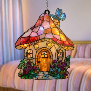 Fairy Mushroom House Faux Stained Glass Suncatcher Acrylic Window Hanging with Floral Path Gift for Cottage Garden or Enchanted Home Decor