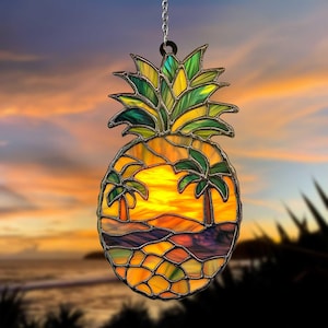 Tropical Pineapple Faux Stained Glass Suncatcher Acrylic Window Hanging with Ocean View Gift for Coastal Homes and Fruit Lovers