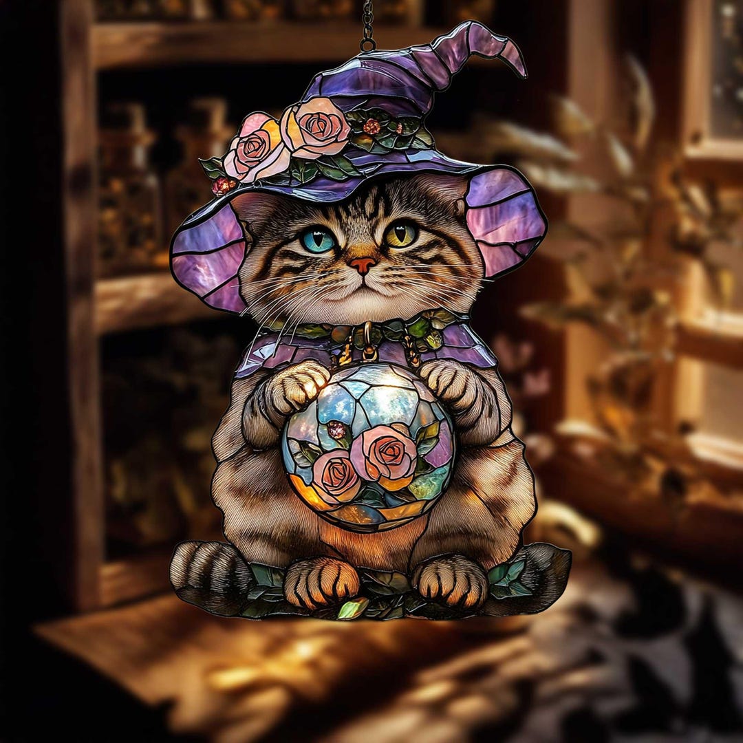 Mystic Cat Faux Stained Glass Suncatcher Acrylic Window Hanging With ...