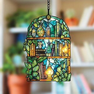 Library Shelf Acrylic Suncatcher, Faux Stained Glass Hanging with Vintage Books, Lights and Leaves, Bookworm Gift Idea