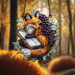 Reading Fox ACRYLIC Suncatcher Cozy Woodland Fox with Open Book and Grapes, Faux Stained Glass Window Art for Forest Home and Autumn Lovers