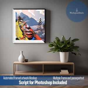 Automated framed artwork mockup, mockup with automation, wall art mockup Adobe Photoshop script, mockup with script,  modern framed artwork