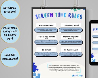 Screen Time Rules for Kids House Rules Family House Rules Editable Home Rules Kids Online Time Rules Fillable Canva Screen Time Management