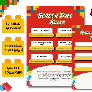 May include: Printable screen time rules poster with a red background and yellow Lego-like blocks. The poster has a title that says "Screen Time Rules" and includes rules like "Homework First!" and "Screens Off Before Bed!"