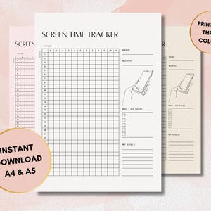 May include: A printable screen time tracker in three colours. The design features a grid for tracking hours, a section for name and month, and prompts for goals. The image text includes "Screen Time Tracker", "Instant Download A4 & A5", and "Printable Three Colors".