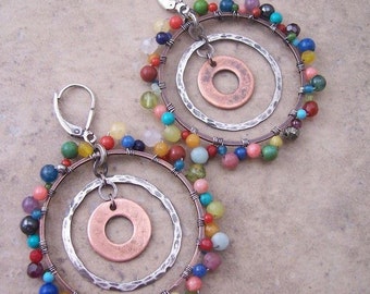 Boho gemstone hoop earrings - Multi-colored gemstones - Hoop earrings - Mixed metal jewelry
