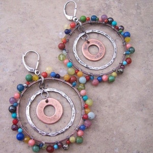Boho gemstone hoop earrings - Multi-colored gemstones - Hoop earrings - Mixed metal jewelry