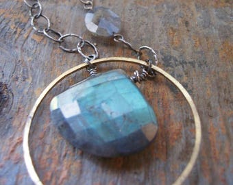 Asymmetrical Mixed Metal Labradorite Necklace, Large Labradorite Pendant, Organic Labradorite Statement Necklace, Unique Gift for Her