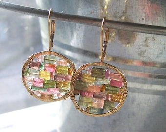 Mother's Day Gift// Multicolored Tourmaline Earrings// 14kt Gold Filled Small Hoop earrings// Stained Glass  Earrings // Gifts for Her