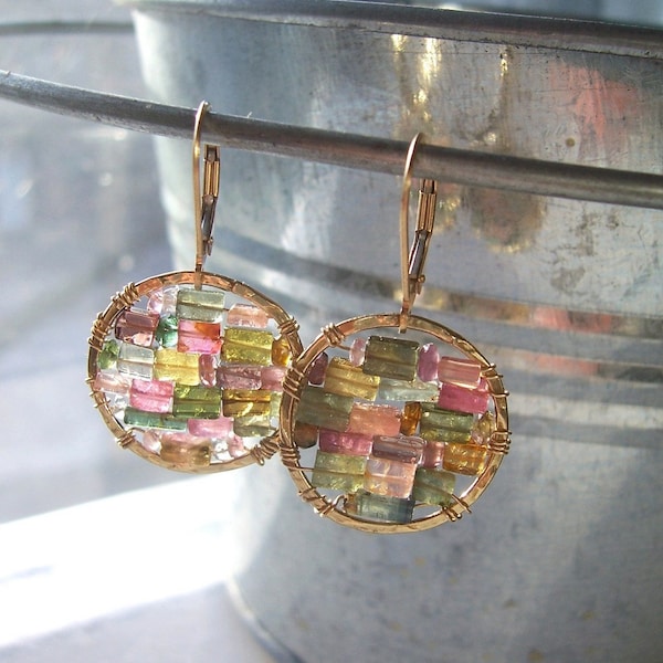 Mother's Day Gift// Multicolored Tourmaline Earrings// 14kt Gold Filled Small Hoop earrings// Stained Glass  Earrings // Gifts for Her