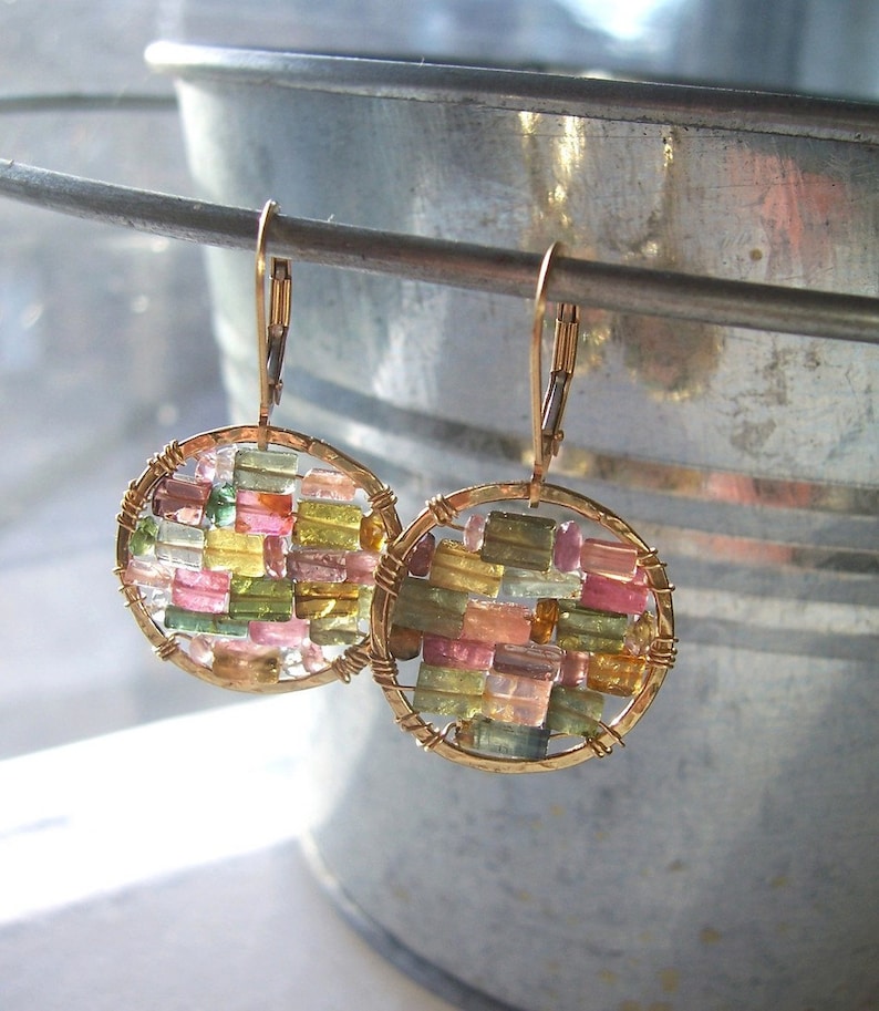 Mother's Day Gift// Multicolored Tourmaline Earrings// 14kt Gold Filled Small Hoop earrings// Stained Glass Earrings // Gifts for Her image 1