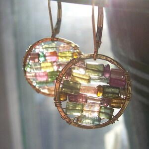 Mother's Day Gift// Multicolored Tourmaline Earrings// 14kt Gold Filled Small Hoop earrings// Stained Glass Earrings // Gifts for Her image 5