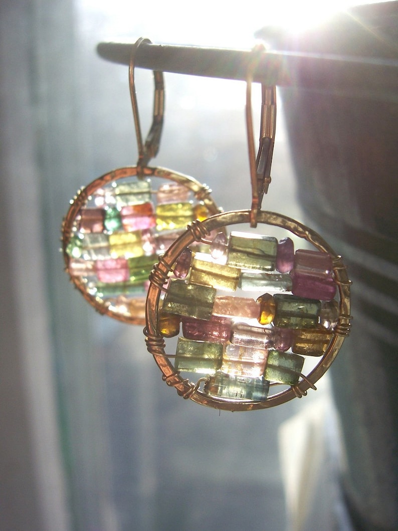 Mother's Day Gift// Multicolored Tourmaline Earrings// 14kt Gold Filled Small Hoop earrings// Stained Glass Earrings // Gifts for Her image 5