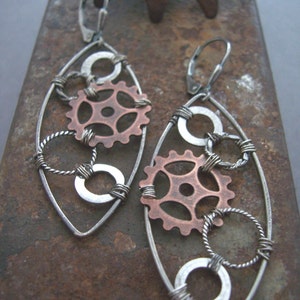 Steampunk Earrings Gear Earrings Industrial Jewelry Mixed Metal Earrings  Wire Wrapped Mosaic Jewelry