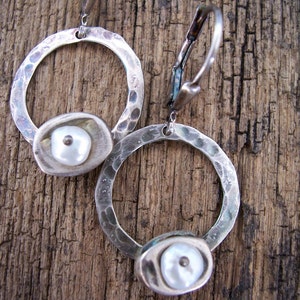 Sterling Silver Hoop Earrings, White Pearl Earrings, Silver Circle Earrings, Nature Inspired Jewelry, Organic Metalwork Industrial Jewelry,