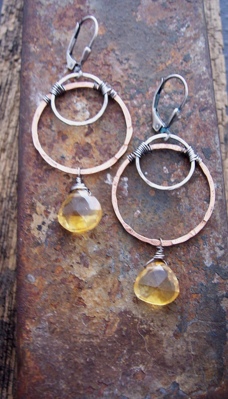 Citrine Earrings, Mixed Metals Hoop Earrings with Citrine, Organic Hoop Earrings with Citrine, image 2