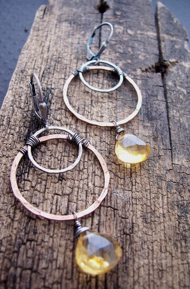 Citrine Earrings, Mixed Metals Hoop Earrings with Citrine, Organic Hoop Earrings with Citrine, image 1