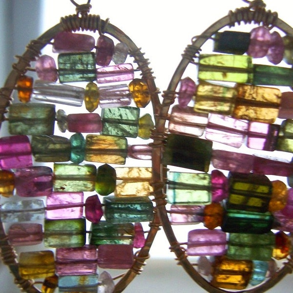 Boucles d'oreilles de pastèque Tourmaline, boucles de mosaïque de verre teinté, printemps, vitraux, bijoux Tourmaline.