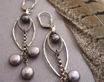Feather Earrings, Sterling silver Feather Earrings, Peacock Pearl Earrings,  Bohemian Dangle Earrings, Freshwater pearl Earrings