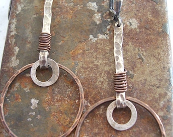 Metalwork Earrings, Mixed metal earrings, Rustic Organic Textured Earrings, Tribal Jewelry, Dangle Earrings.