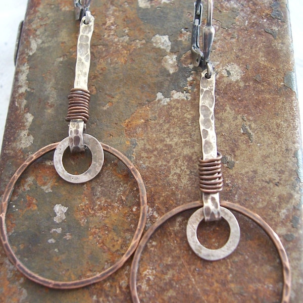 Metalwork Earrings, Mixed metal earrings, Rustic Organic Textured Earrings, Tribal Jewelry, Dangle Earrings.